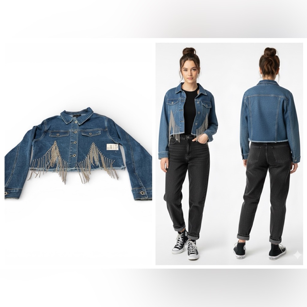 Juniors Denim Crop Jacket with Fringe Detail